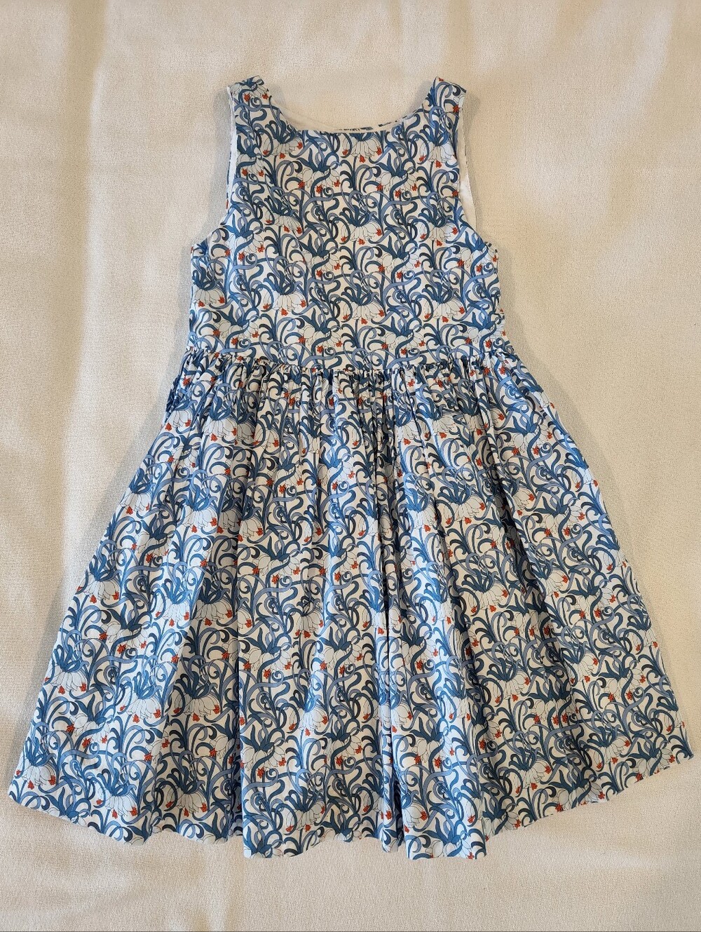 Jacadi Dress Girls Size 2 3 4 Blue Floral Cotton Sleeveless Fit & Flare Lined